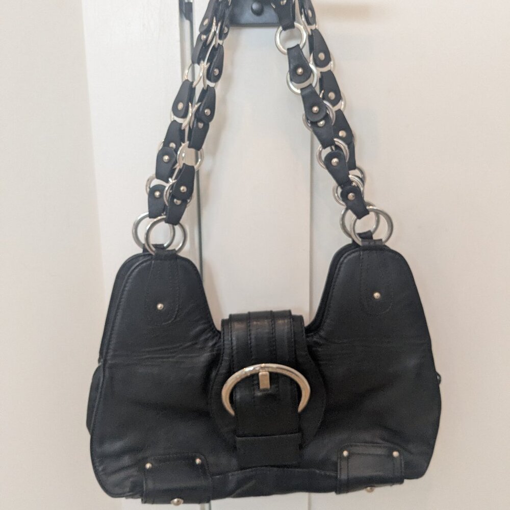 Dolce and Gabanna Black Leather Purse with Silver Buckle and Chain Straps